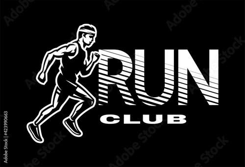 Run club. The running Man, logo, emblem on a dark background. Vector illustration.