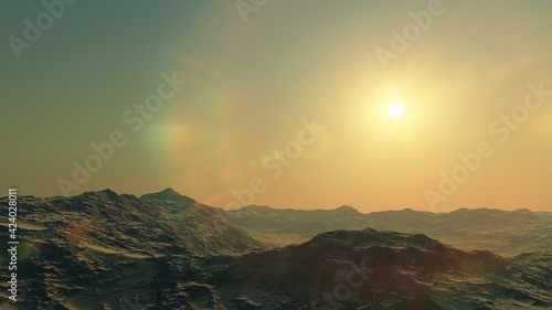 realistic surface of an alien planet, view from the surface of an exo-planet