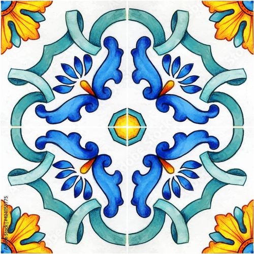 Hand drawn watercolor mediterranean sicilian traditional tiles