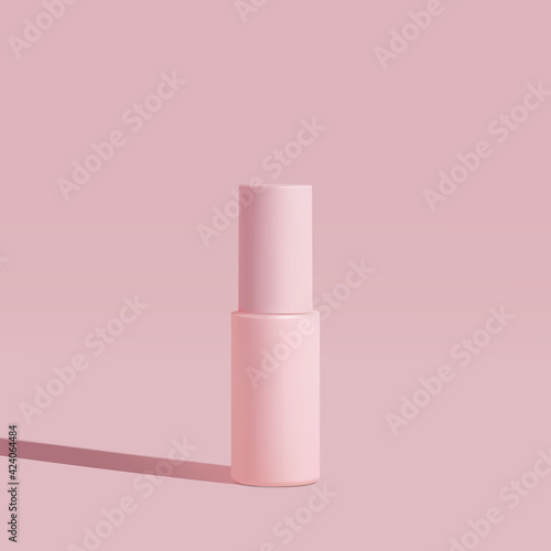 Cosmetic pink bottle. Womens cosmetic accessory for makeup, cleansing gel, fluid, lotion, serum. Packaging design, mock up, 3d vector. 