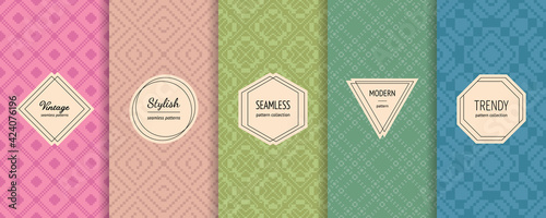 Vector set of vintage seamless patterns in traditional ethnic style. Abstract backgrounds with elegant minimal stickers. Retro geometric ornament in trendy pastel colors. Modern Nordic textures
