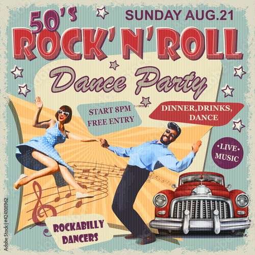 Rock and Roll Dance Party retro poster. 