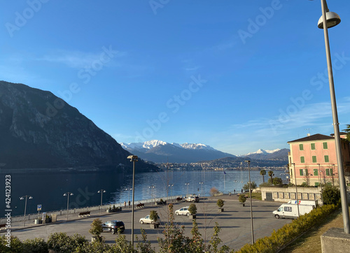 View from the Campione di Italy mountain. View of Mount San Salvatore, Lake Lugano. Campione d'italia, Switzerland