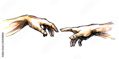 The creation of Adam by God. Hands. Fingers. A touch of God. A fragment of a fresco by Michelangelo Buonarroti