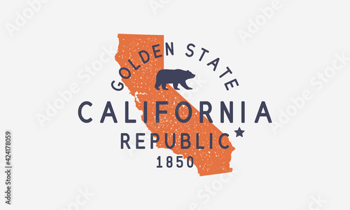 California State logo, emblem, label. The Golden State. Print for T-shirt, typography. USA California vintage design. California map. San Francisco, San Diego, Los Angeles emblem. Vector illustration