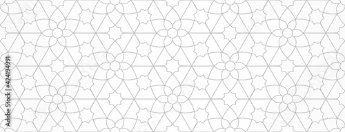 Seamless pattern with thin curl lines and stylized flowers on white background. Monochrome abstract line texture in Arabic style. Decorative vintage lattice. Abstract ornament for fabric, wrapping.