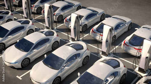 Parking electric cars. Charging stations, fast charging cars. 3d illustration