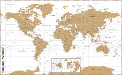World Map and Poles - Vintage Golden Political - Vector Detailed Illustration