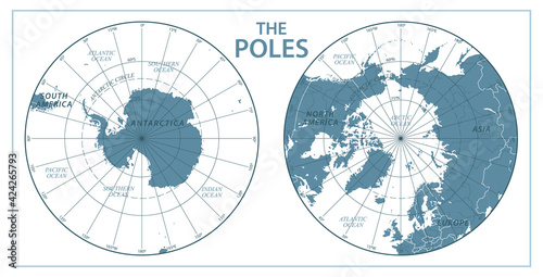 The Poles - North Pole and South Pole - Vector Detailed Illustration. Gray and White