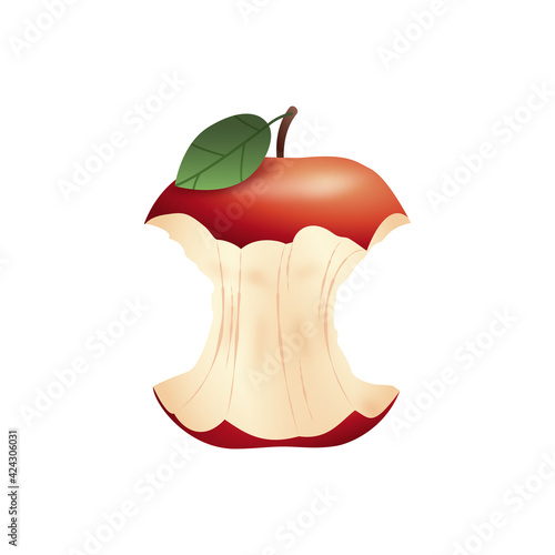 Jabłko - ogryzek. Ilustracja czerwonego ogryzionego jabłka z zielonym listkiem na białym tle.