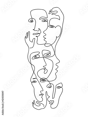 Continuous hand drawing style art. Black and white vertical abstract composition with people portrets and body parts.
