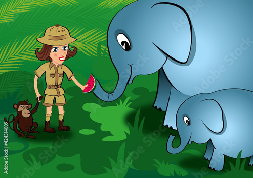 Pani weterynarz karmi arbuzami słonia i słoniątko, Przygoda z małpką na safari, przyjaciele zwierząt, w obronie zagrożonych gatunków, dzika przyroda, zew natury