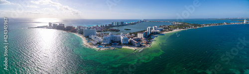 Panoramic drone picture of Cancun beach in Mexico 