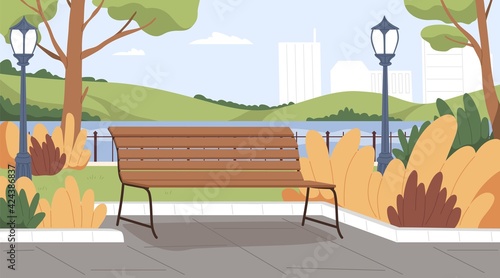 Landscape of empty urban public park with wooden bench, lantern, trees, bushes and water on background of city buildings. Colored flat vector illustration of scenery autumn parkland