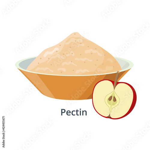 Pectin in bowl - vector illustration isolated on white background. Apple product and halved red apple.