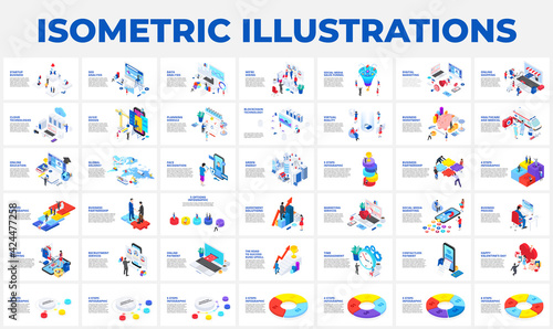 Isometric 3d illustrations set. Startup, business, seo, analysis data, recruiting and social media with characters