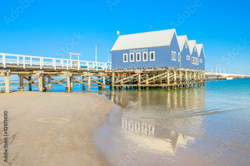 Busselton, Australia - Jan 1, 2018: Busselton Jetty in Busselton Beach, WA, reflected on the sea. At 1841 metres, the jetty is said to be the longest wooden structure in the southern hemisphere.