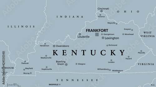 Kentucky, KY, gray political map, with capital Frankfort and largest cities. Commonwealth of Kentucky. State in Southeastern region of United States of America. Bluegrass State. Illustration. Vector.