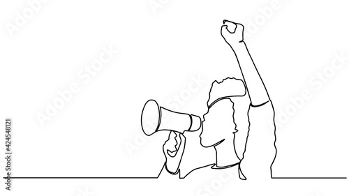 Strong woman continuous one line drawing. Continuous one line drawing long hair girl power pose. beautiful woman protesting vector Single continuous line drawing of shouting loudly using megaphone