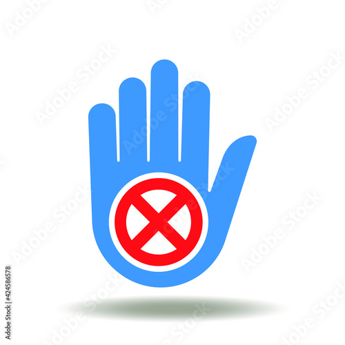 Hand with cross sign vector icon. Contraindication warning for treatment symbol. Interruption logo. Stop, No, Prohibition, Ban Illustration.