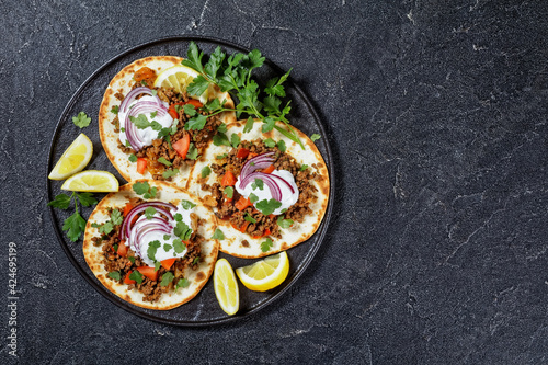 ground Lamb Flatbreads with yogurt, top view