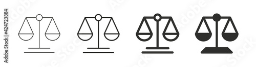 Scale icon. Scales of justice flat icon set. Vintage scale in balance and equilibrium. Vector icon of justice scales collection design. Vector illustration