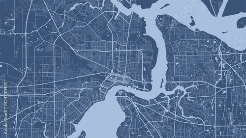 Blue vector background map, Jacksonville city area streets and water cartography illustration.