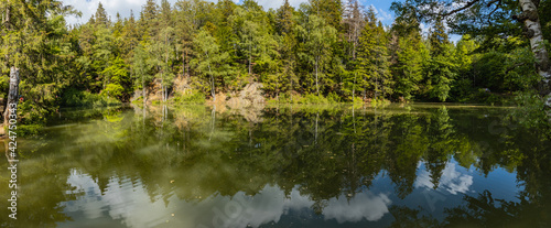 Panorama of Beautiful colorful lakes "Kolorowe Jeziorka" square in Rudawy Janowickie mountains