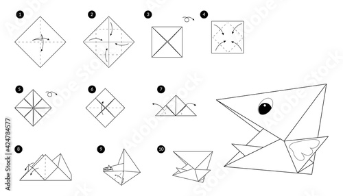 Bird head origami line monochrome instruction step by step. Illustration how to make chick beak from paper.