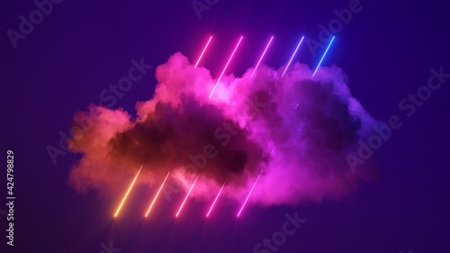 3d render, abstract cloud illuminated with neon light on dark night sky. Glowing geometric lines