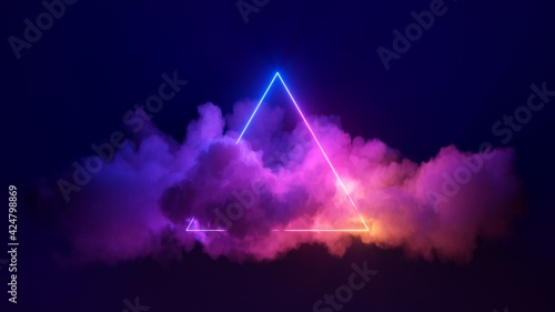 3d render, abstract background with cloud and neon triangular shape in the night sky. Stormy cumulus with glowing geometric frame