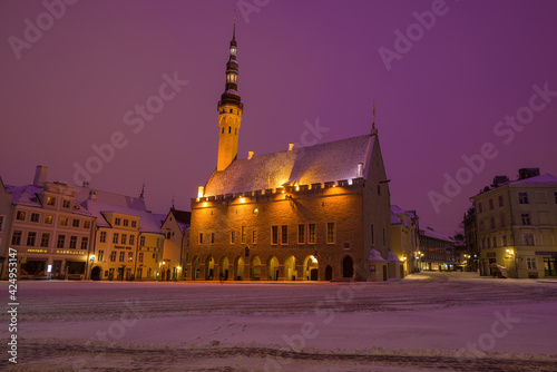 View of the old town hall on a lilac March morning, Tallin