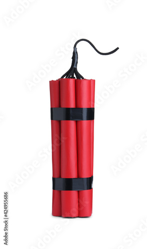 Red explosive dynamite bomb on white background