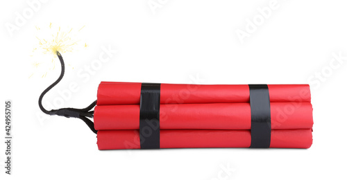 Dynamite bomb with lit fuse on white background