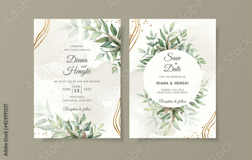 Green gold leaves wedding invitation card template