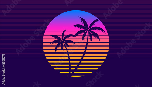 classic retro 80s style tropical sunset with palm tree