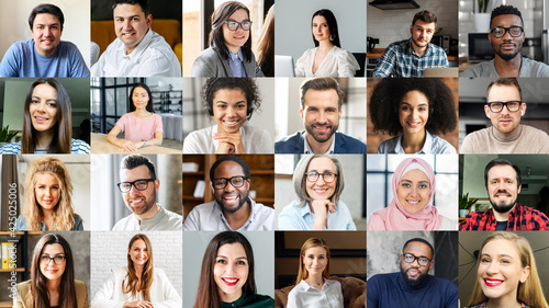 Crowded video screen with diverse multinational people on it. Video meeting online for office employees working remotely. Multiracial colleagues involved in online conference, video call. Hr data base