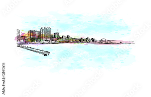 Building view with landmark of Durban is the city in South Africa. Watercolour splash with hand drawn sketch illustration in vector.