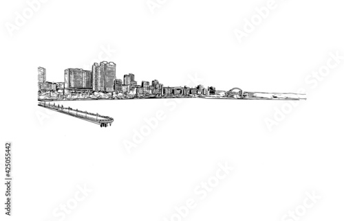 Building view with landmark of Durban is the city in South Africa. Hand drawn sketch illustration in vector.
