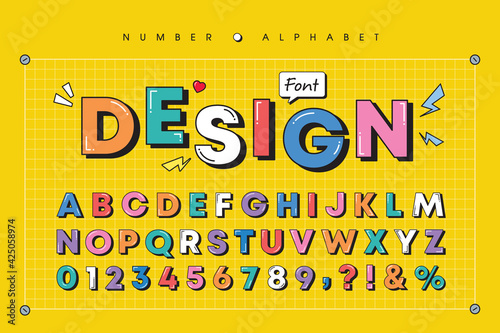 Modern playful alphabet letter and number set. Bright, vivid multicolor funky font or typography. Vector bold font for poster, flyer, book cover, greeting card, product packaging, graphic print, etc.