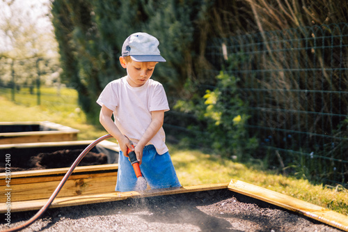 Petit garçon jardine, en arrosant le potager pour faire pousser des légumes. 