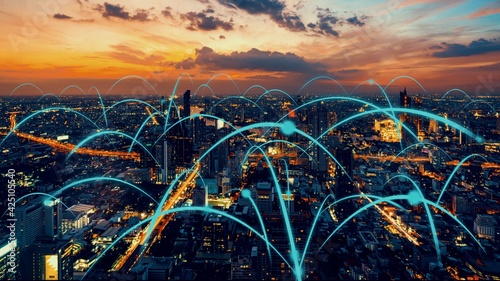 Smart digital city with globalization abstract graphic showing connection network . Concept of future 5G smart wireless digital city and social media networking systems .