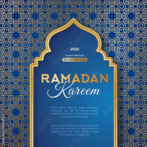Ramadan Kareem concept poster, gold 3d mosque frame, arab window or door with beautiful arabesque lattice pattern. Vector illustration. Place for your text