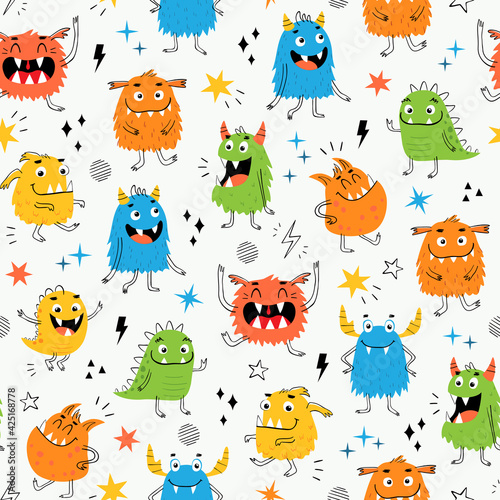 Vector seamless pattern of funny colorful monsters for kid's design