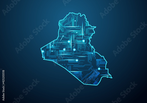 Abstract futuristic map of iraq. Circuit Board Design Electric of the region. Technology background. mash line and point scales on dark with map.