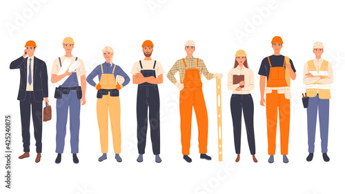 Group of construction workers in uniform, men and women of different specialties chief, engineer, worker