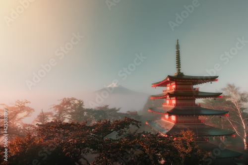 Dawn view of Fuji mountain and Chureito Pagoda in Autumn, Fujiyoshida, Japan