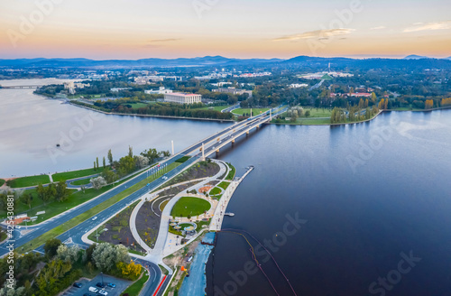 Aerial view of Commonwealth Bridge on Lake Burley Griffin in the late afternoon in Canberra, the capital of Australia 