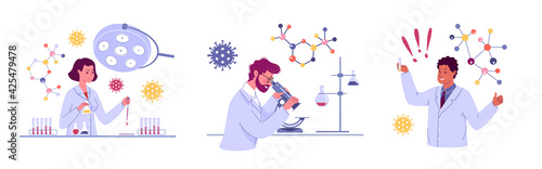 In the laboratory, a group of scientists conducts experiments. A doctor looks through a microscope in a laboratory and conducts a study. Researchers are working on a new generation of vaccines.