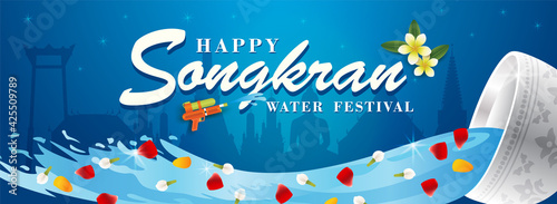 Thailand's Water Festival, Songkran Banner with water splashing and temple Temples silhouette